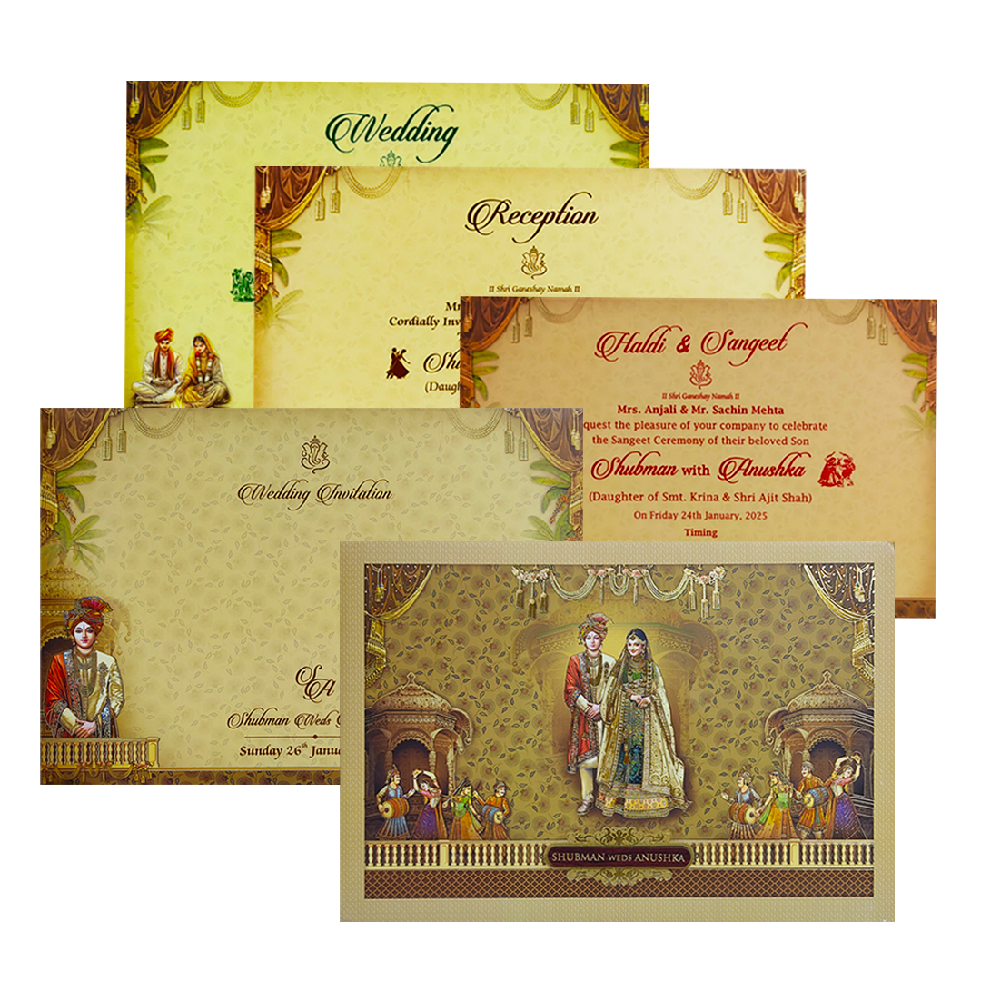 Check out Antique Gold Bride Groom Padded Wedding Card Design at best price. ?WhatsApp Support ?Express Delivery