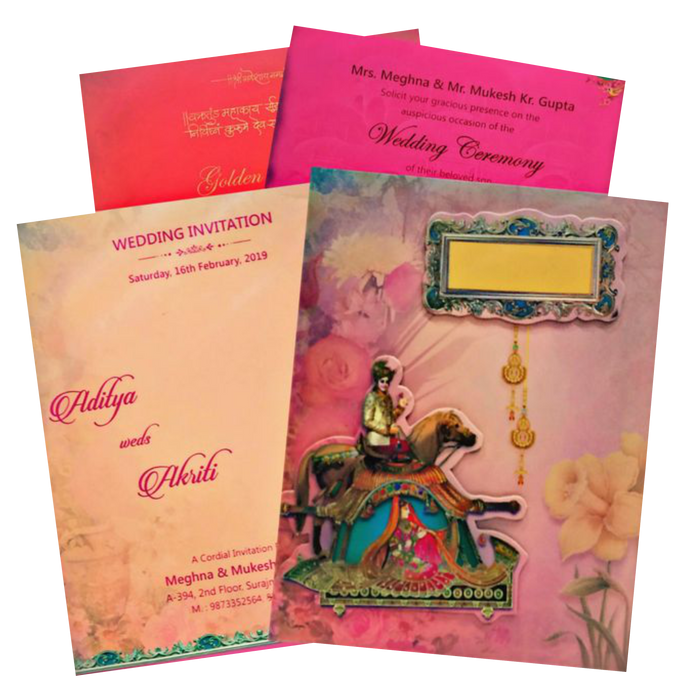 Marvelous Peach Color Baraat Theme Padding Invitation Card - KNKZAC139-King of Cards