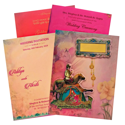 Marvelous Peach Color Baraat Theme Padding Invitation Card - KNKZAC139