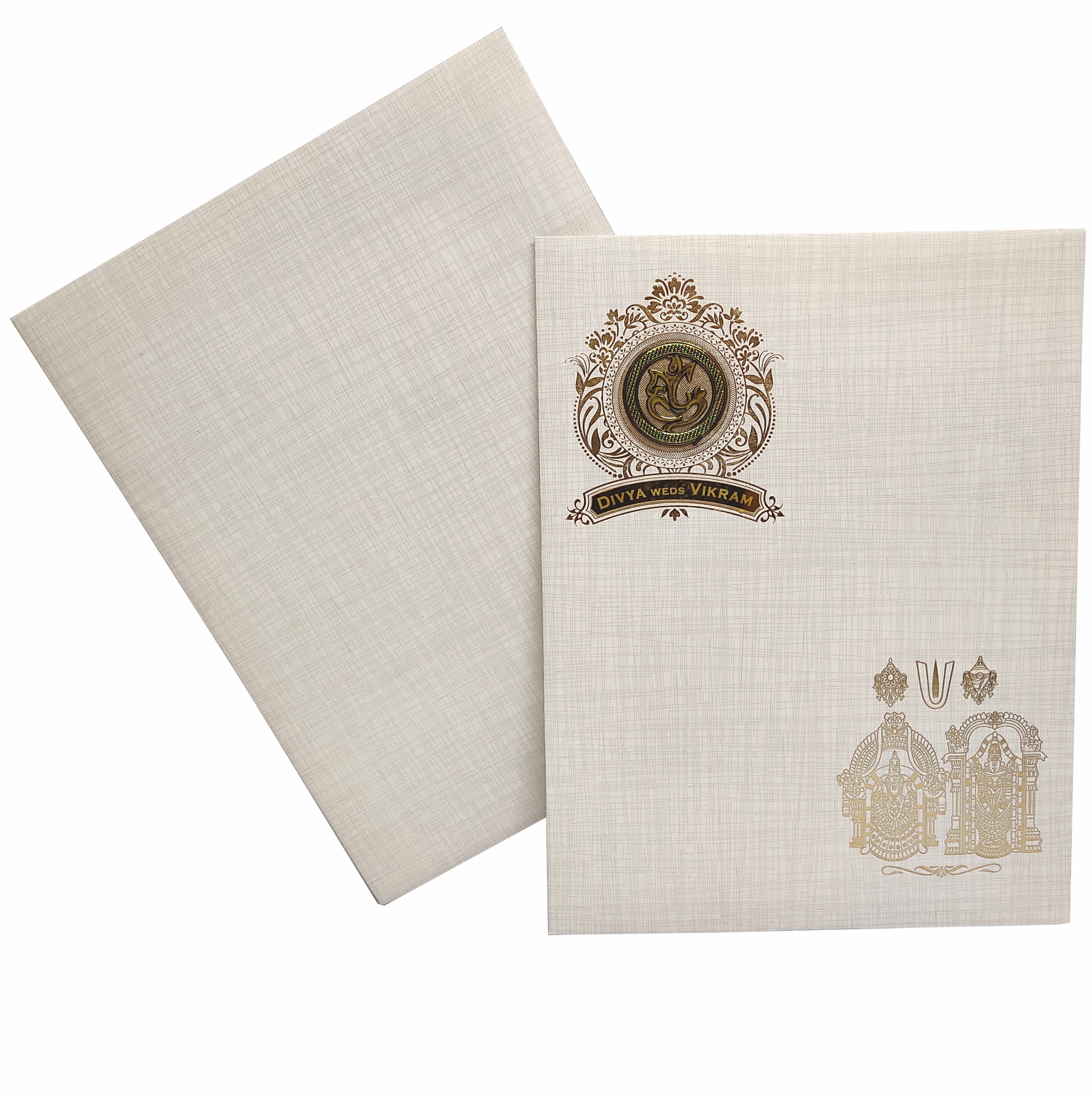 Grey Balaji Padmavathi Foil Nameplate Wedding Card-King of Cards