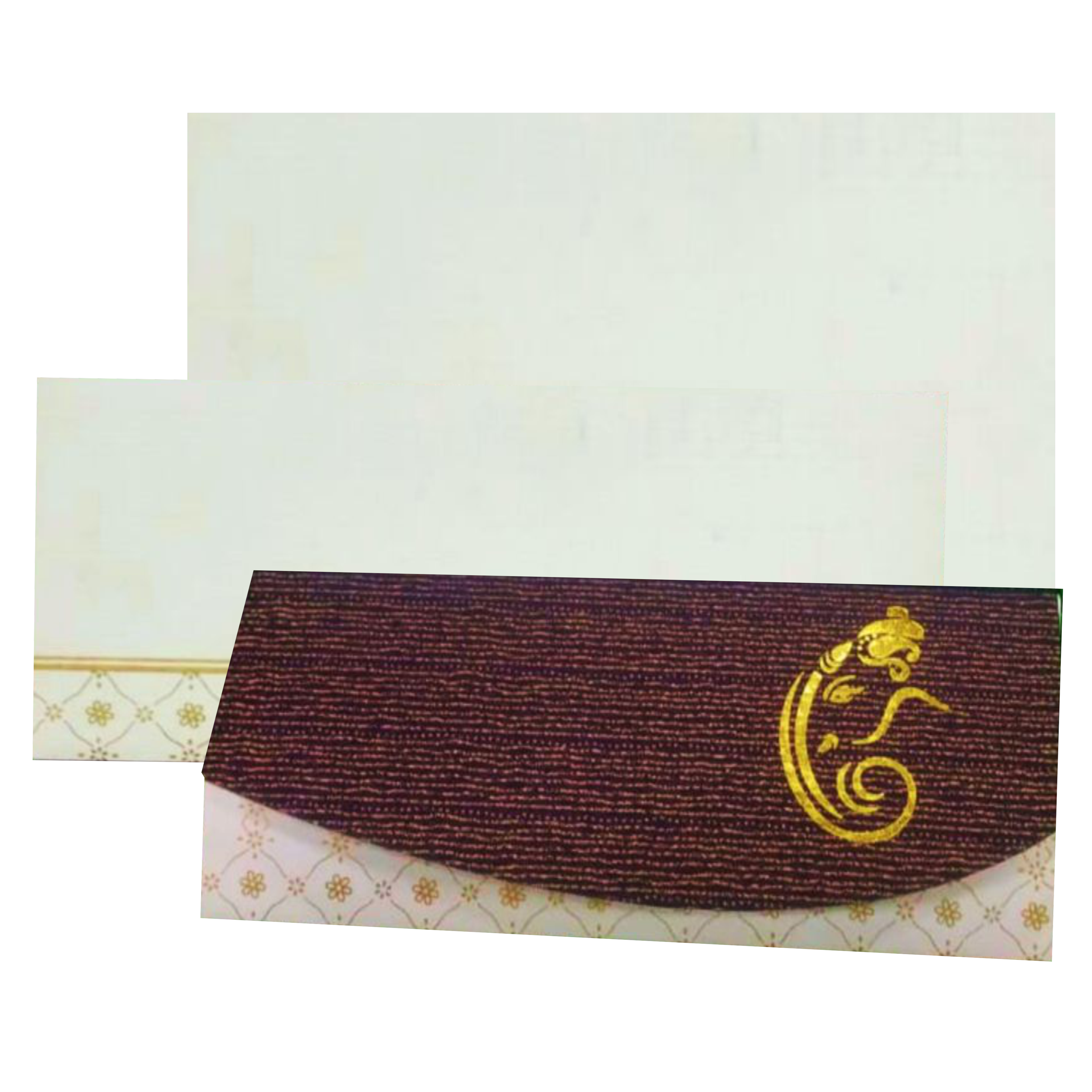 Selling White floral border envelope with ganesha print violet cover invitation card online. Buying invitation cards made easy with King of Cards! &amp;