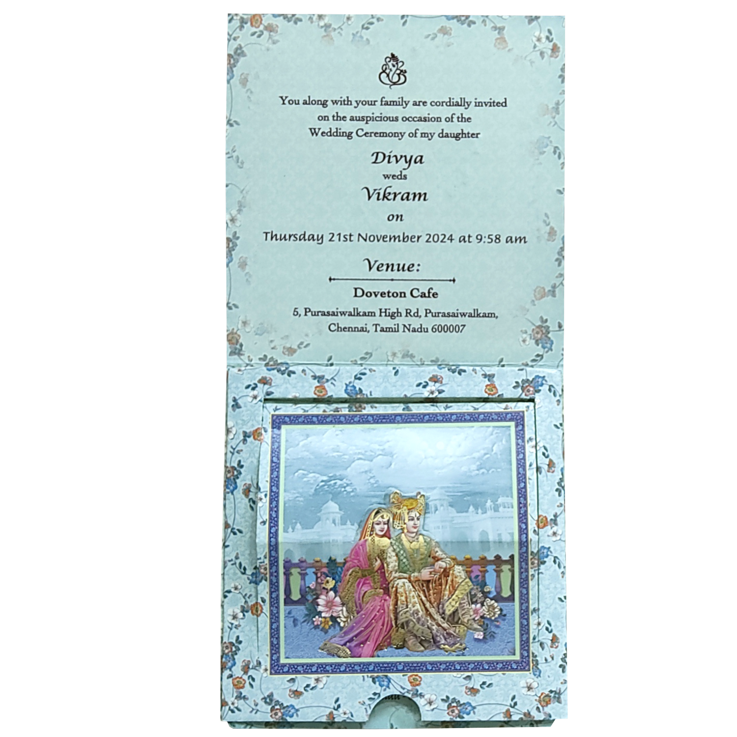 Blue Floral Bride Groom Slide Wedding Card-KNRDC01B