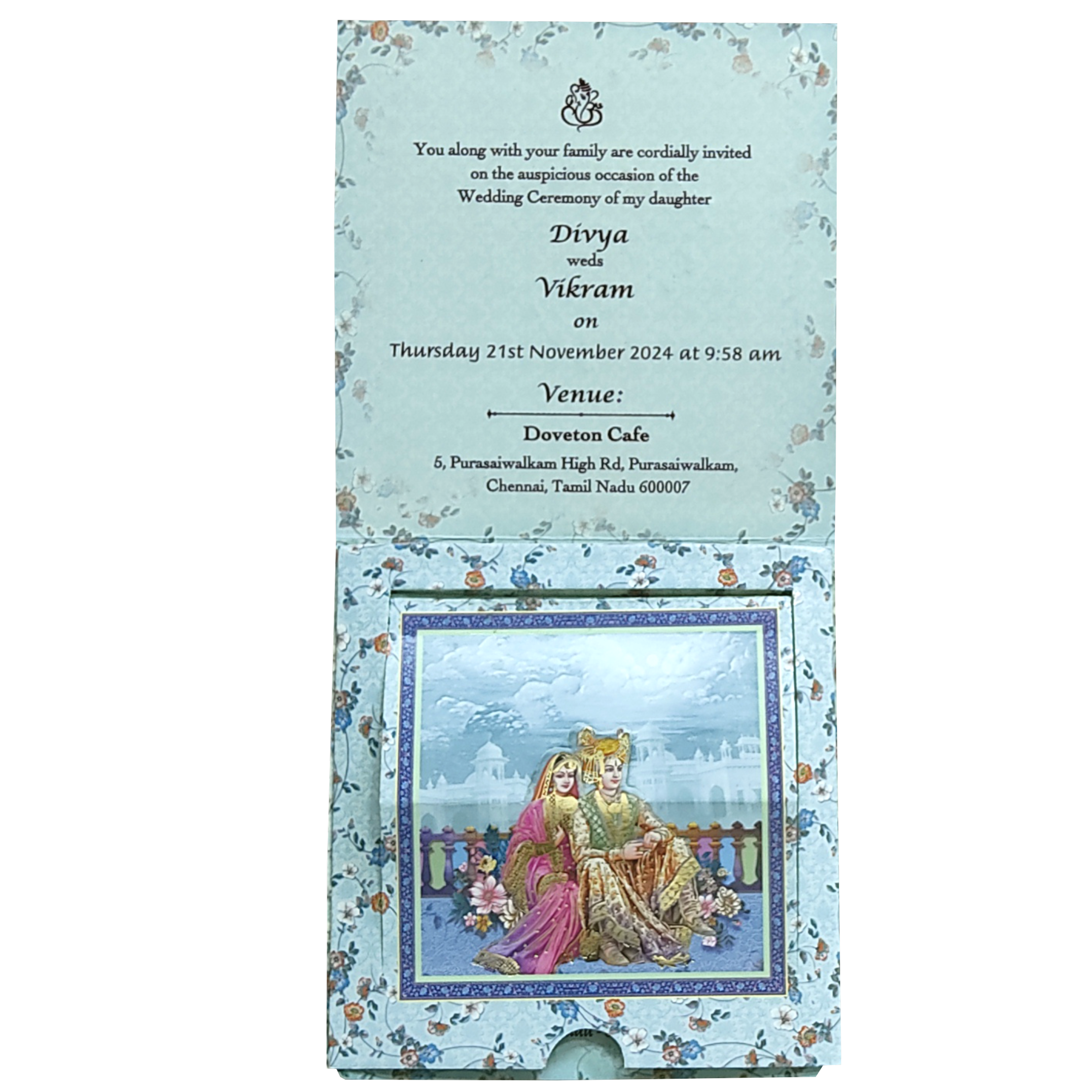 Blue Floral Bride Groom Slide Wedding Card-KNRDC01B