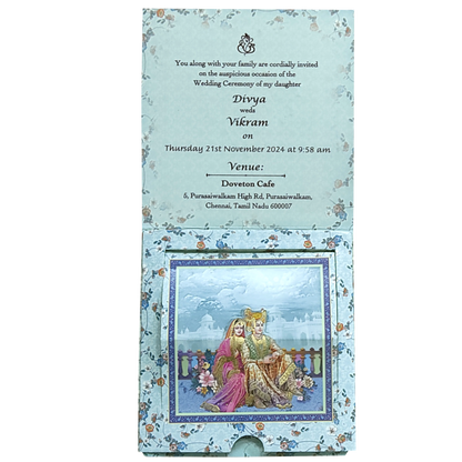 Blue Floral Bride Groom Slide Wedding Card-KNRDC01B