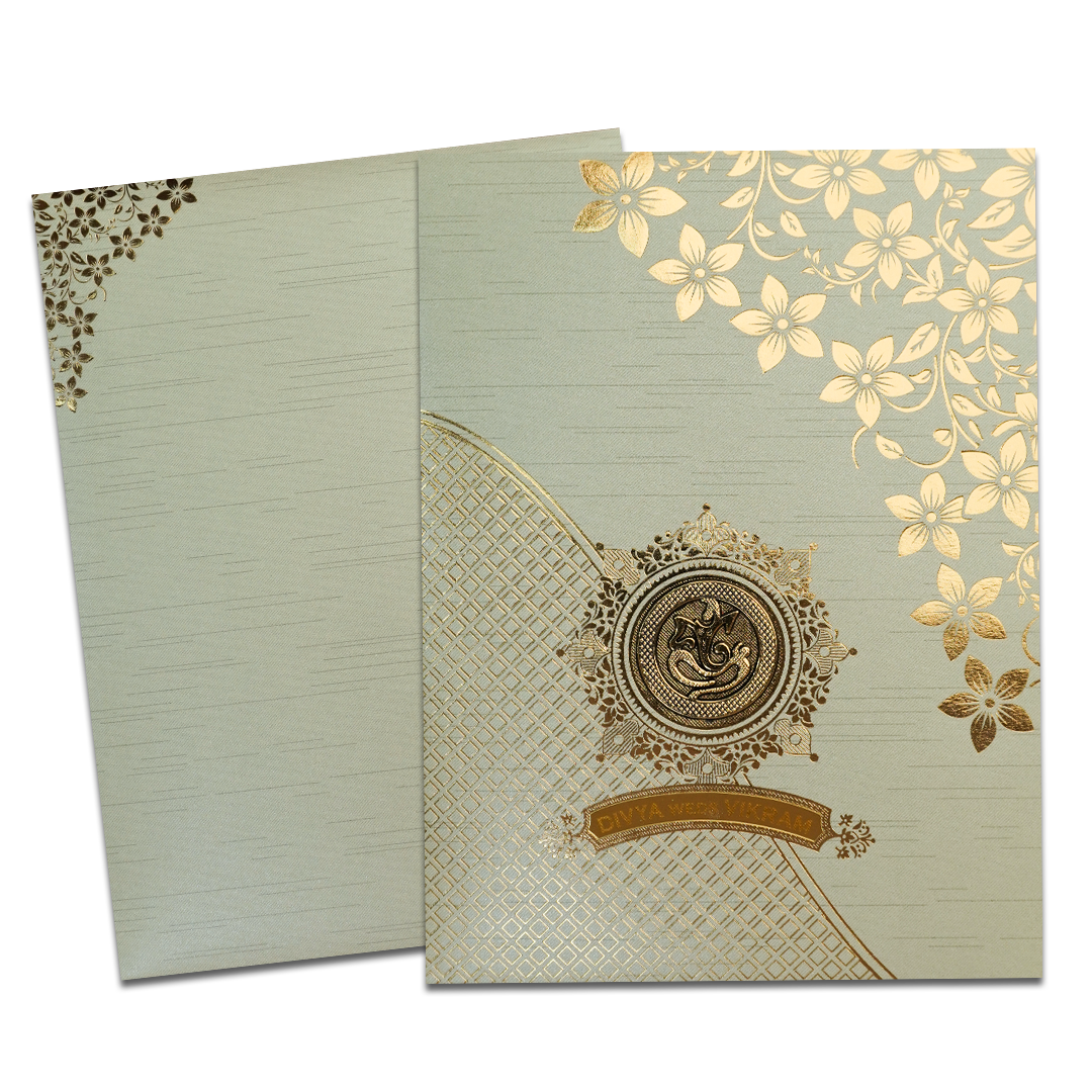 Green Gold Floral Ganesha Wedding Card-KNRM7082N