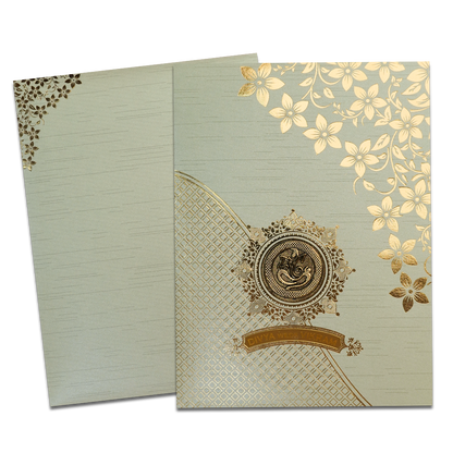 Green Gold Floral Ganesha Wedding Card-KNRM7082N