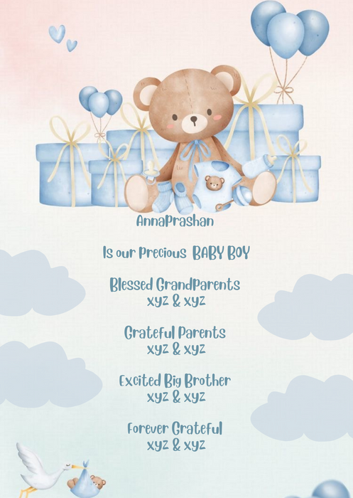 Blue Teddy Bear Baby Birth Announcement Invitation-AABBA002
