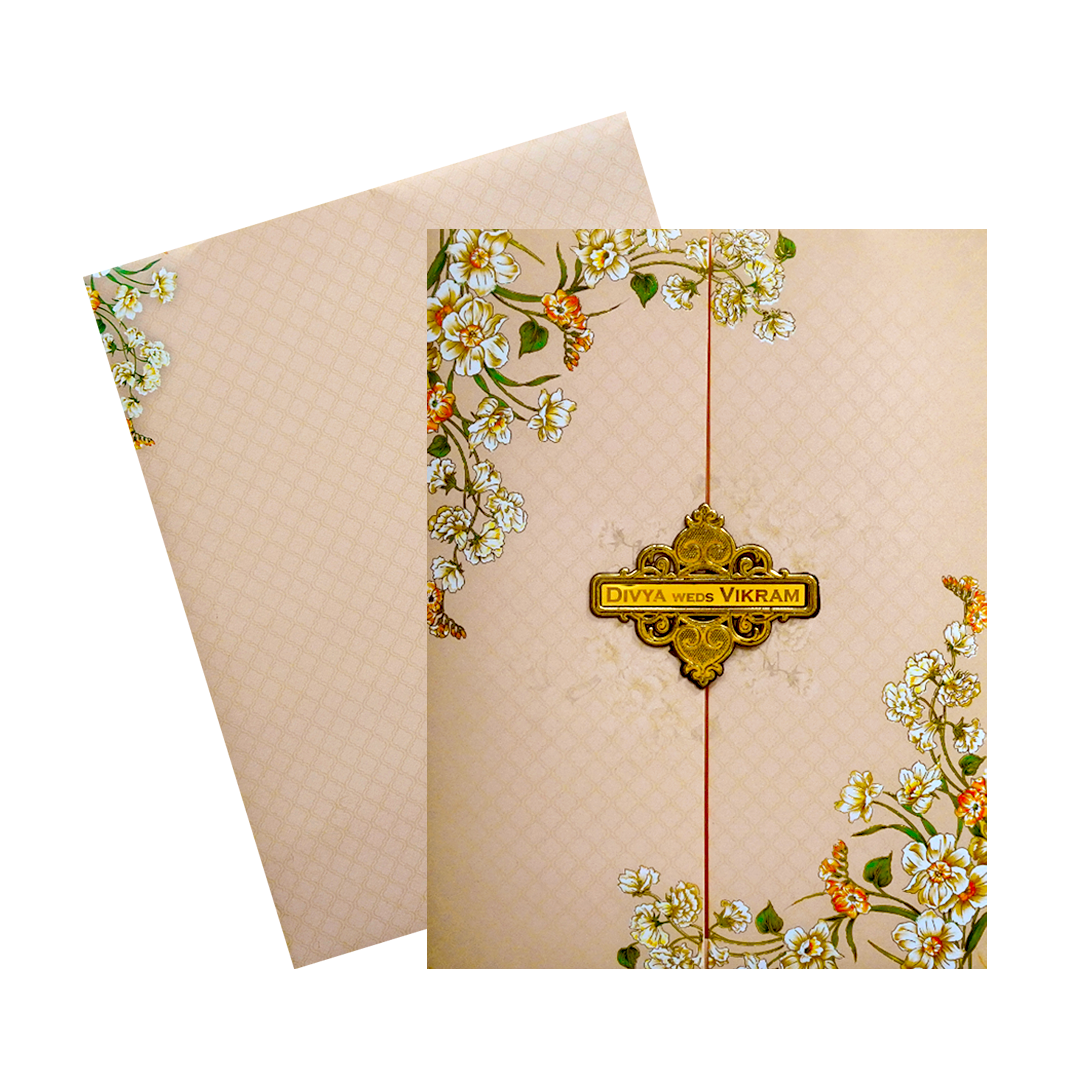 Cream Door Floral Nameplate Wedding Card-KNKJ1145