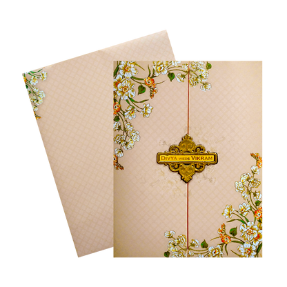 Cream Door Floral Nameplate Wedding Card-KNKJ1145