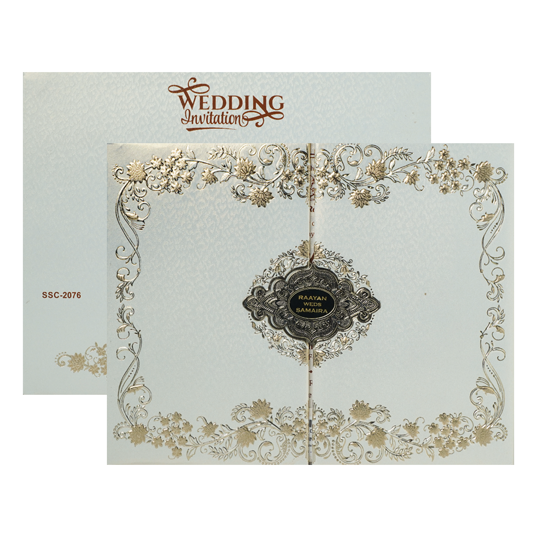 White Gold Floral Ornate Padded Wedding Card-KSSC2076