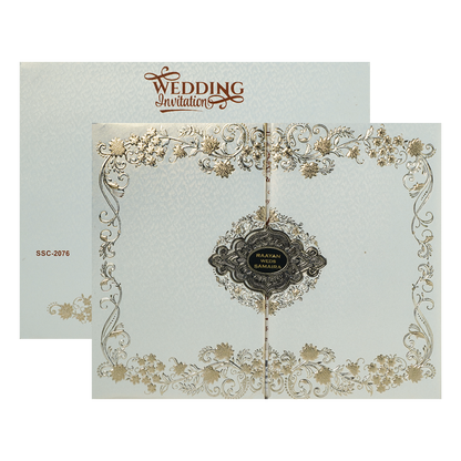 White Gold Floral Ornate Padded Wedding Card-KSSC2076