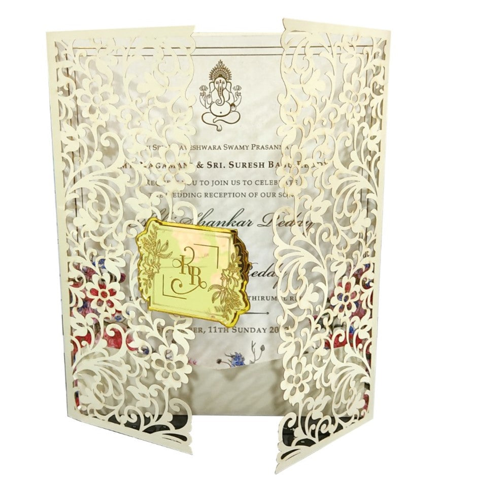 Cream Trending Laser Cut Wedding Card With Floral Touch-KNKYP001