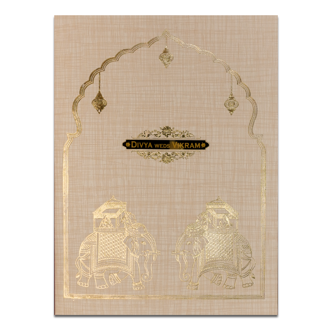 Cream Gold Arch Elephant Wedding Card-KNK7083S
