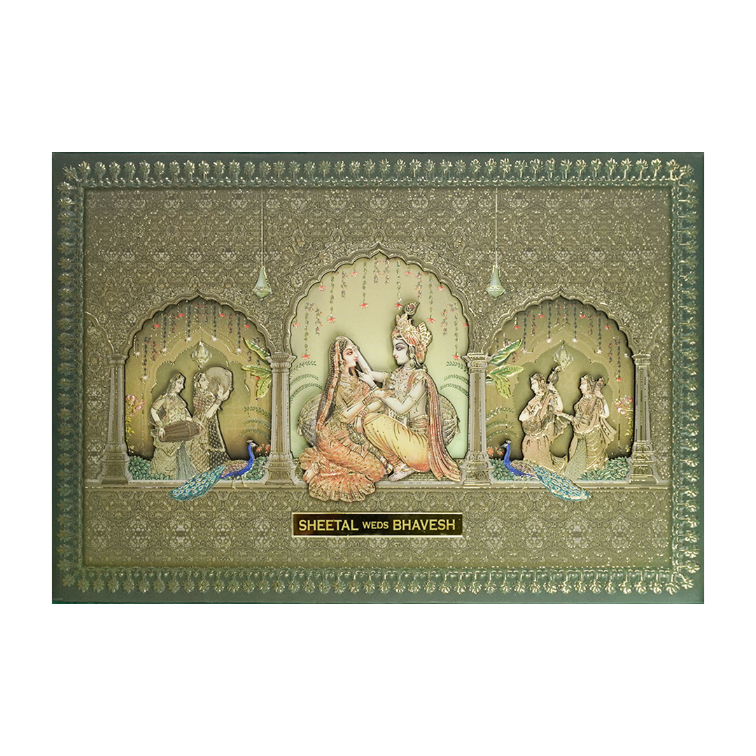 Metallic Green Radha Krishna Padded Wedding Card-KSI64220