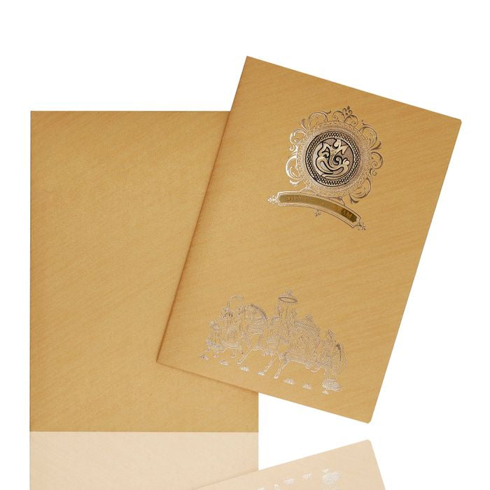 Brown Metallic Baraat Design In Silver Foiling Invitation Card-KNM2101G-King of Cards