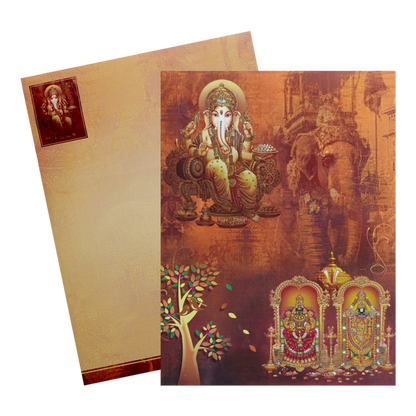 Brown Classic Ganesha With Balaji And Padmavathi Hindu Wedding Card-KNKC4029-King of Cards