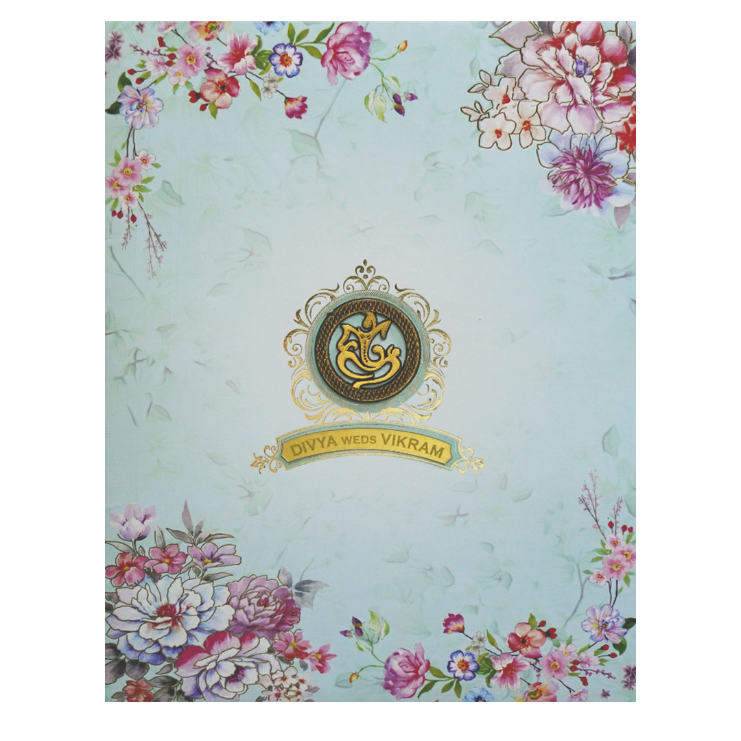 Mint Blue Floral Ganesha Wedding Card-KNKJ1089