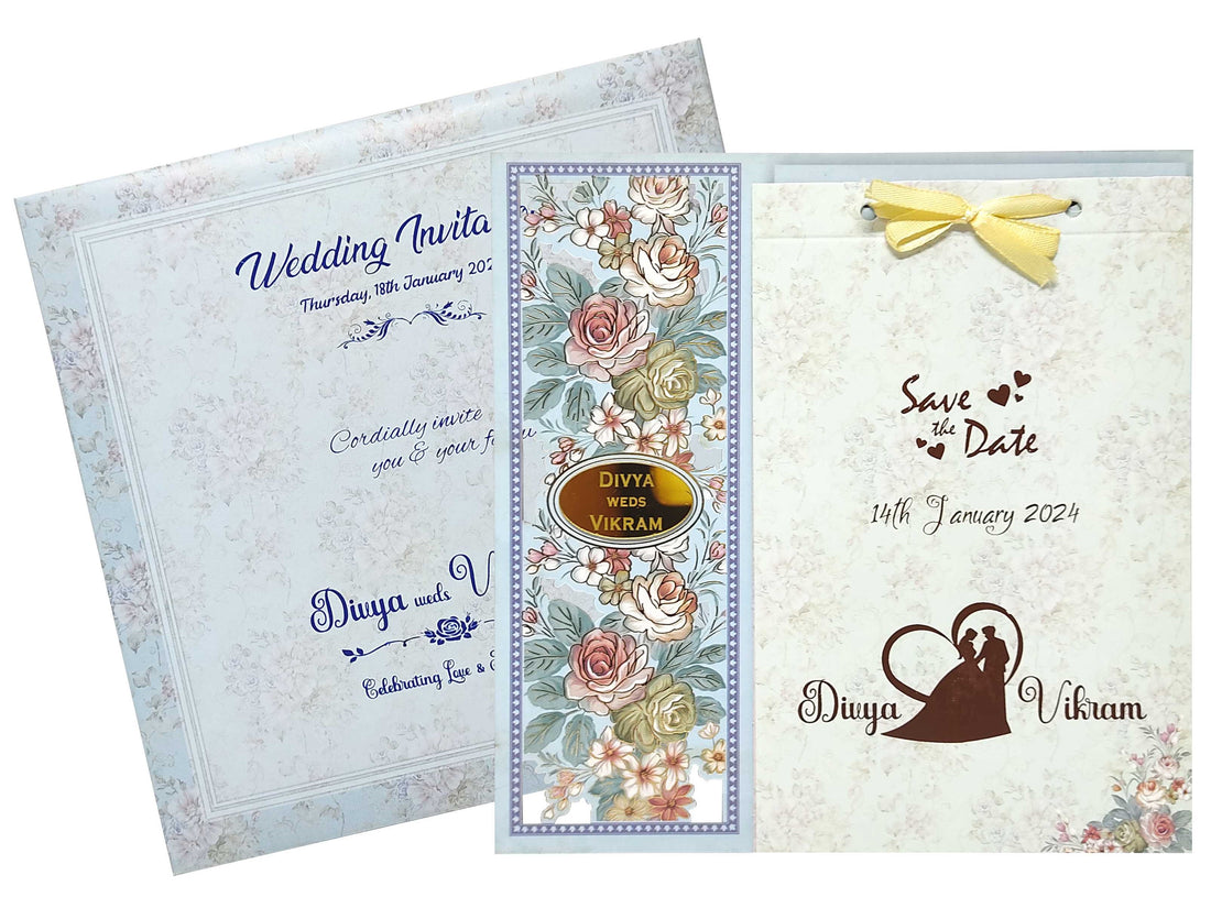 Blue Floral Offset Print Wedding Invitation Card-KNKA8063