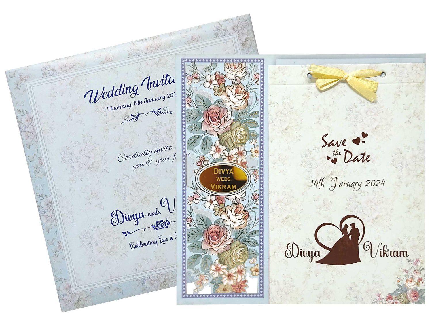 Blue Floral Offset Print Wedding Invitation Card-KNKA8063