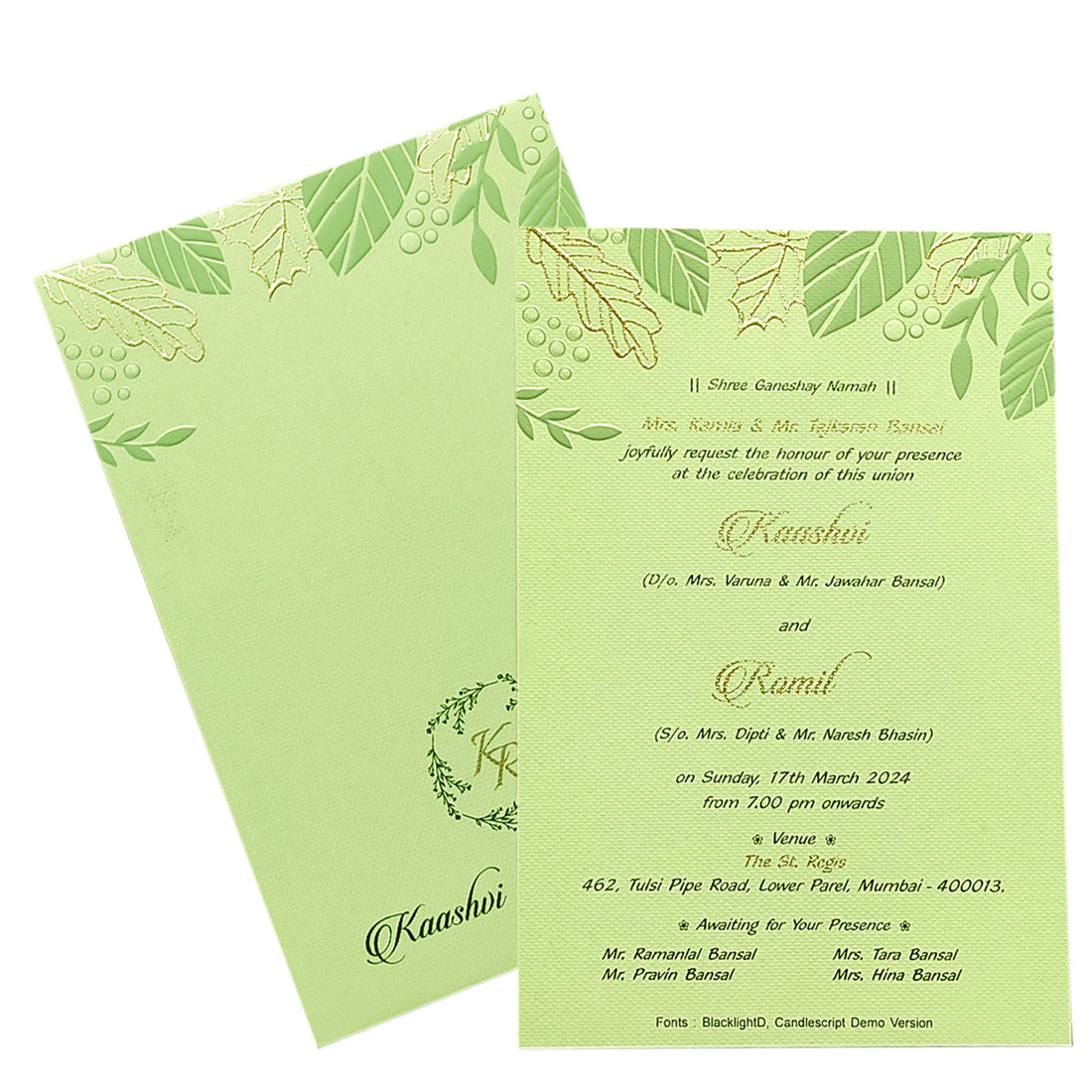 Green Embossed Single Sheet Invitation Card-KRCS6132