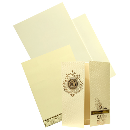 Yellow embossed wedding card features door type opening with an arclyic name plate, ganesha sticker and one insert. Shipping and printing charges are extra.