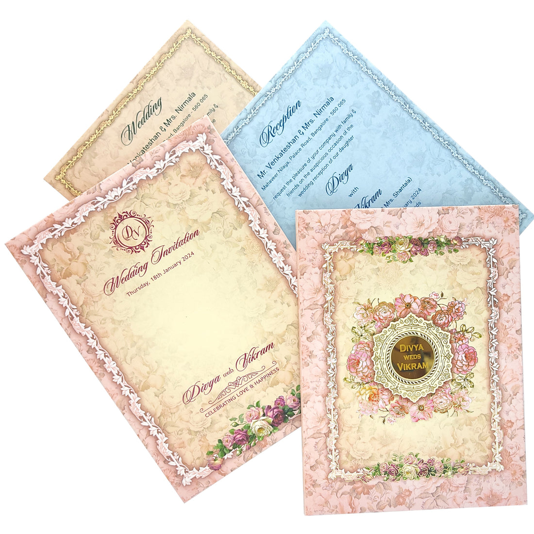 Pink Padded Floral Wedding Card In Offset Design-KNPO9531P