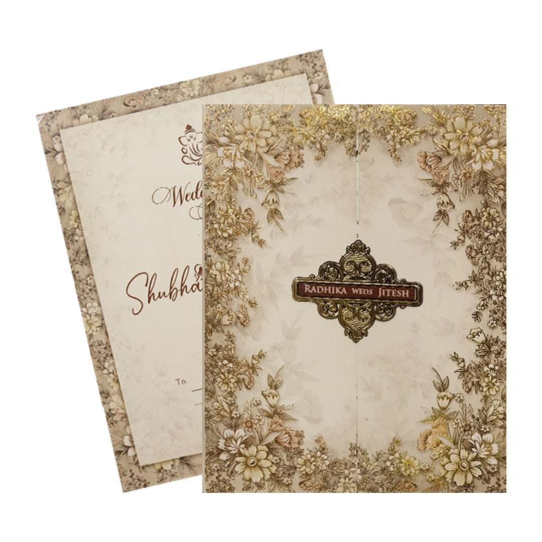 Cream Gold Floral Wedding Card-KSH73310