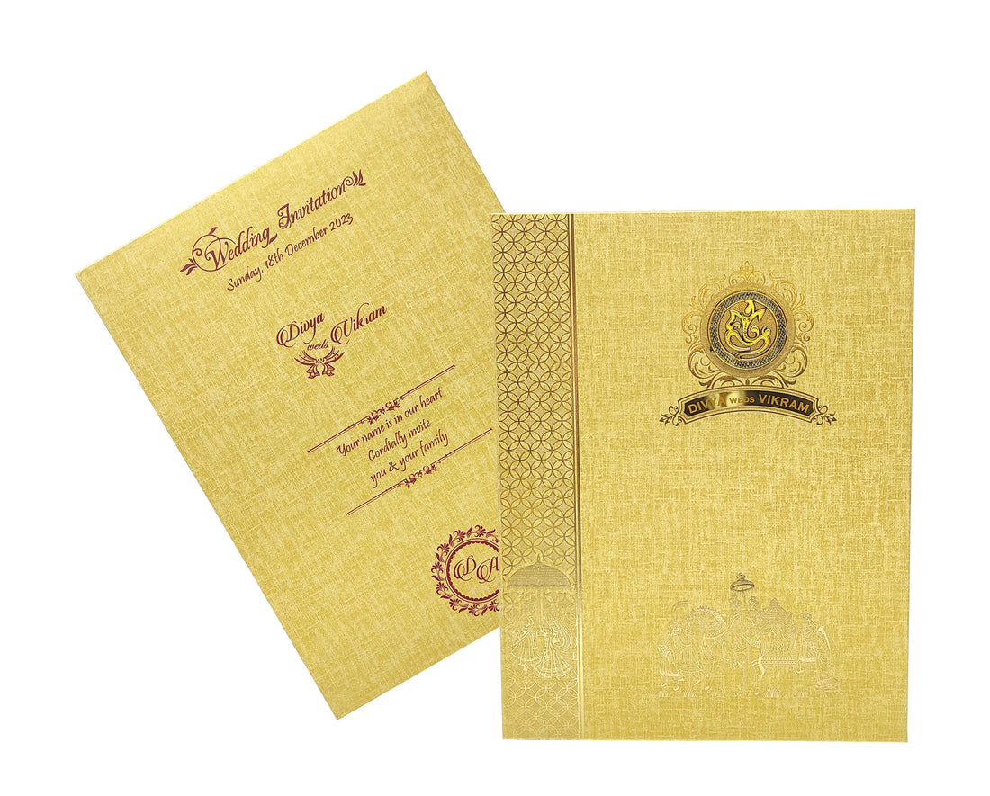 Brown Gold Padded Hindu Wedding Card With Baraat Image-KNPP8509N