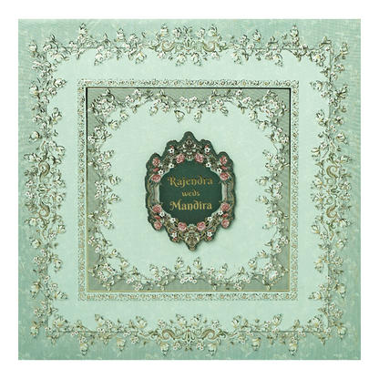 Green Floral Frame Wedding Invitation Box - KSI64190