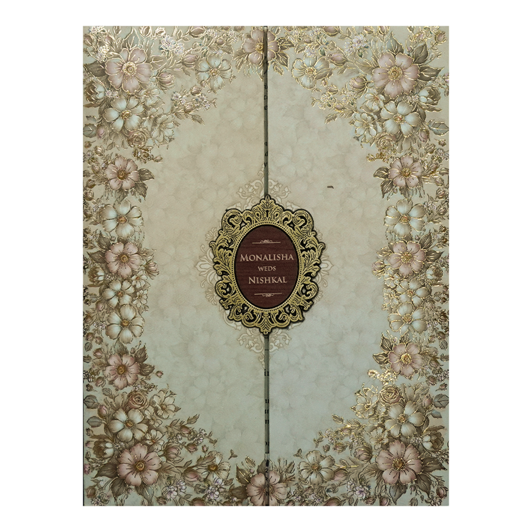 Cream Beige Floral Padded Wedding Card-KSH72410