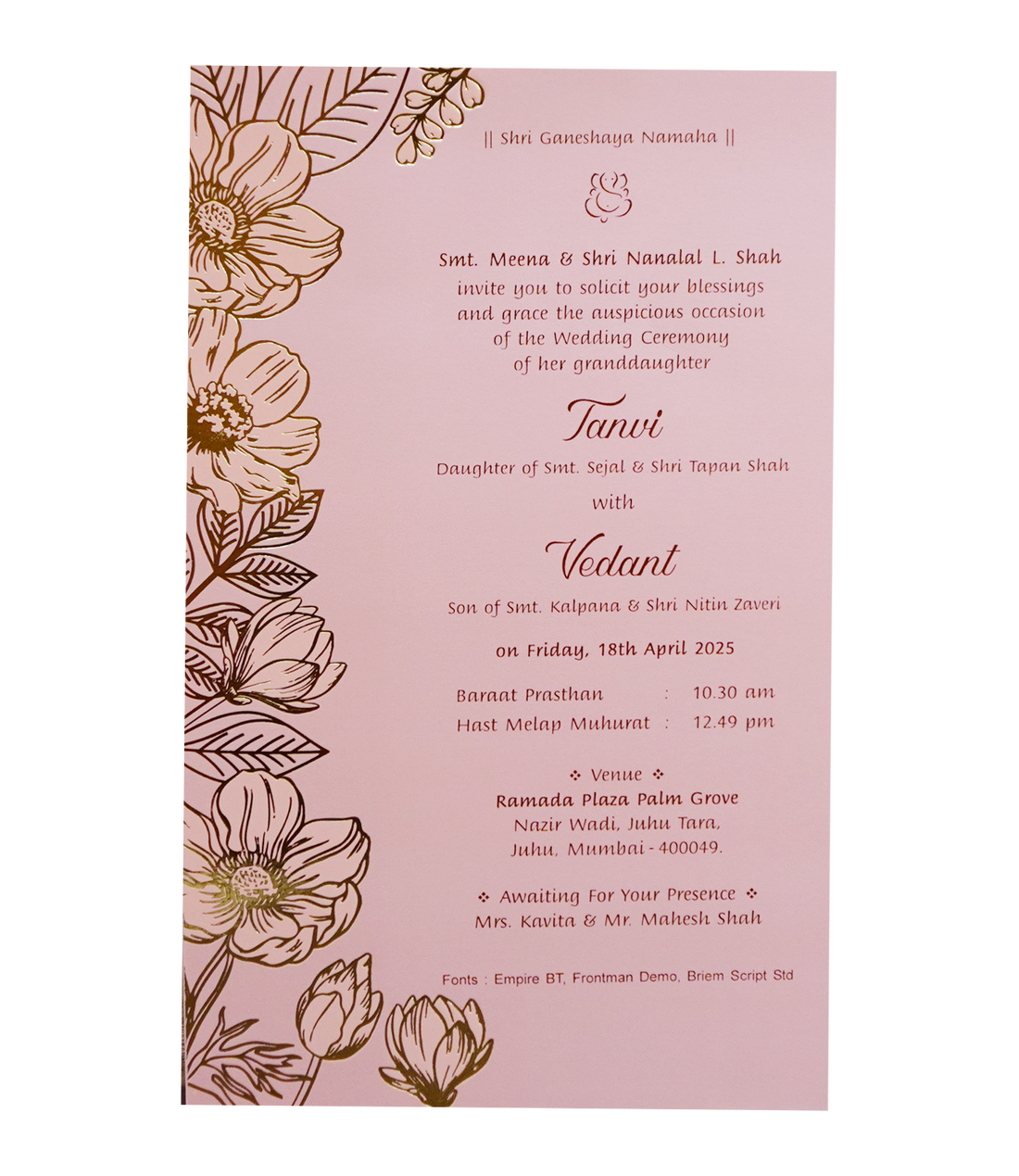 Light Pink Single Sheet Invitation Card-King of Cards