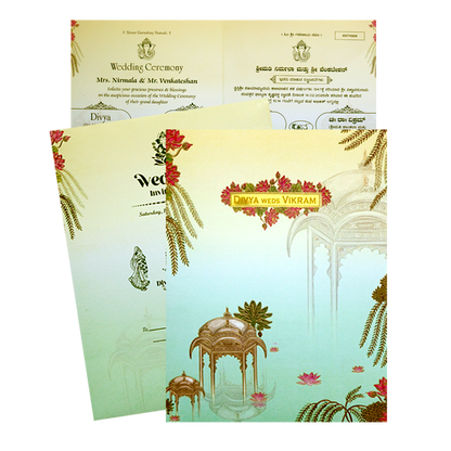 Check out Pastel Green Lotus Pavilion Wedding Card at best price, ✅WhatsApp Support and ✅Express Delivery | King of Cards.