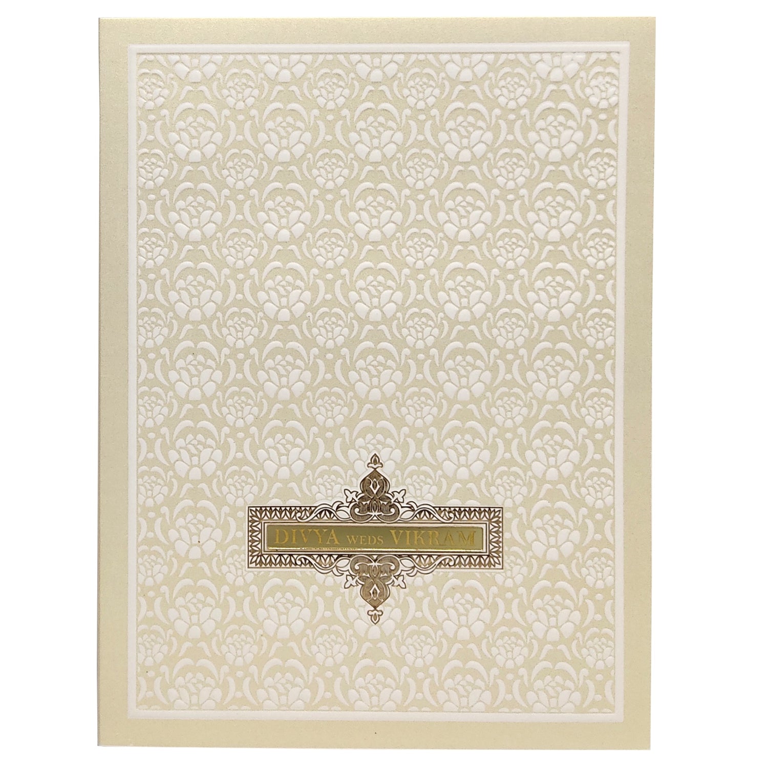 White Metallic Royal Embossed Floral Wedding Card-KNK3051W
