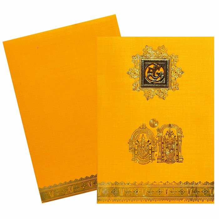 Orange Metallic Balaji Padmavathi Invite With Square Ganesha-KNCM22OB-King of Cards
