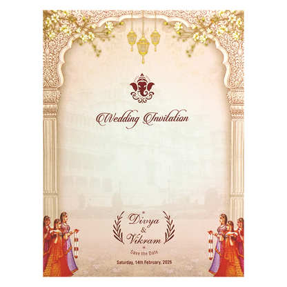 Cream Traditional Dholi Wedding Card-King of Cards
