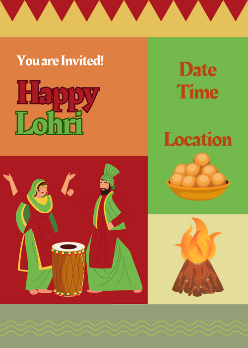 Colorful Dhol Design Lohri Celebration Invitation-King of Cards