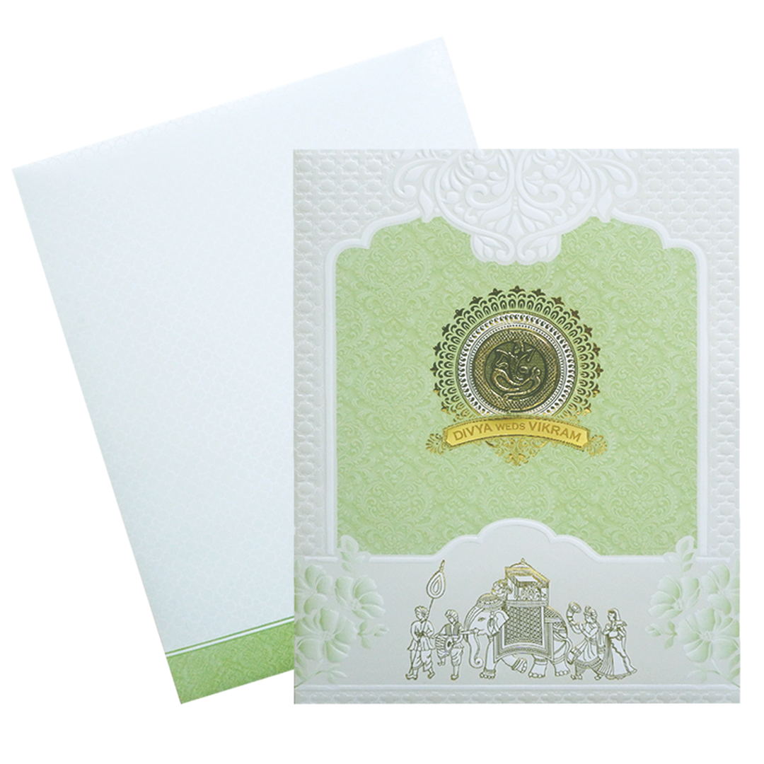 Green and White Bhaarat Wedding Card-King of Cards