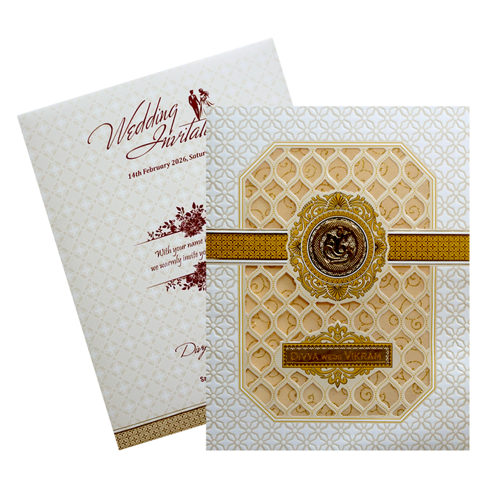 White Laser Cut Ganesha Invitation Card-King of Cards