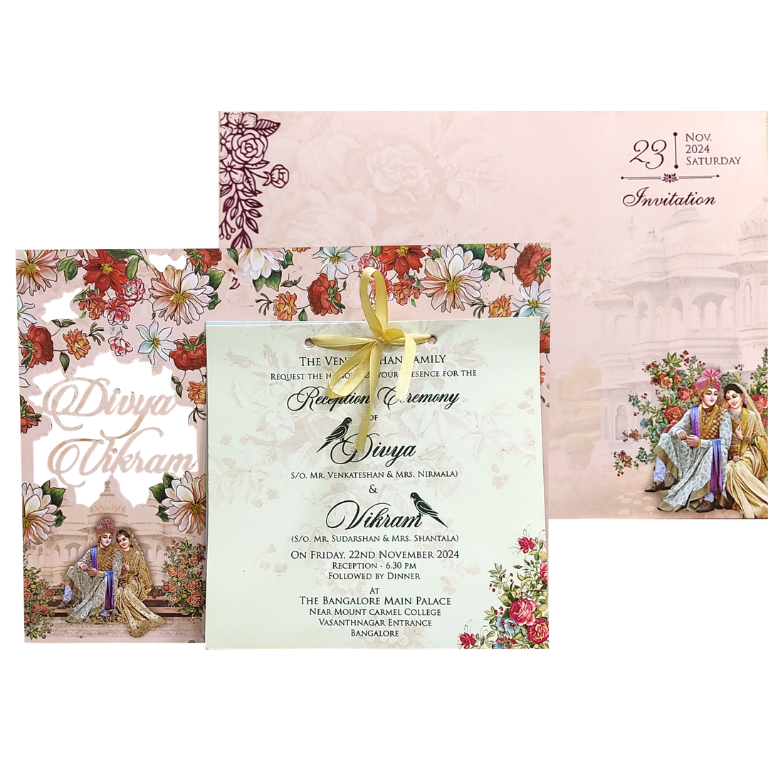 Orange Cream and Pink Flowers Bride and Groom MDF Card-King of Cards