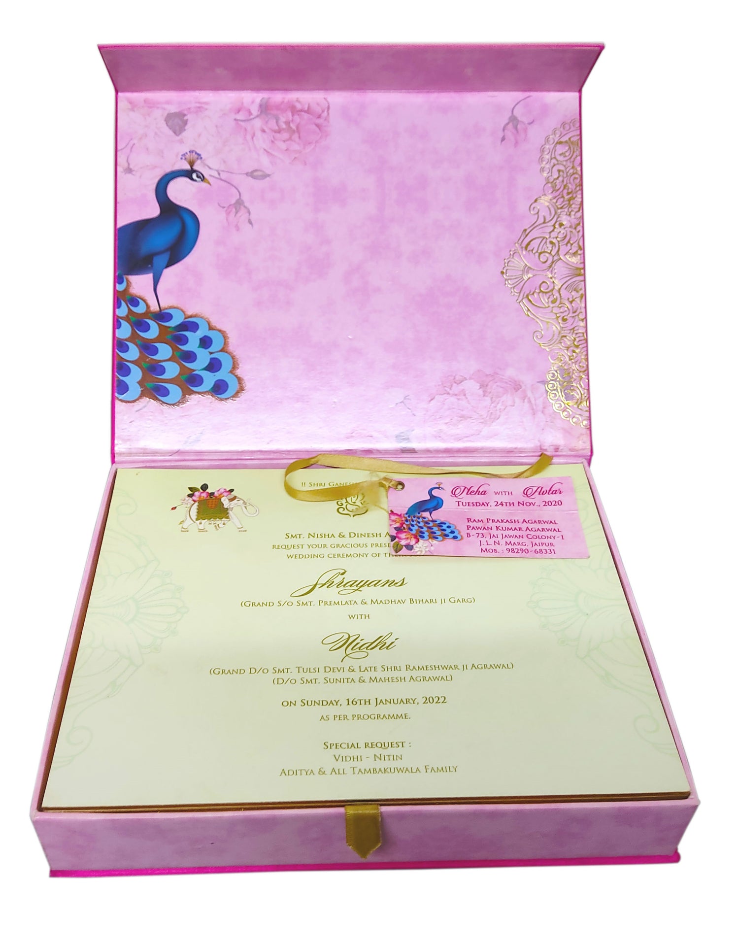 Pink Floral Ultra Premium Peacock Wedding Invitation Card-KNKUP043-King of Cards