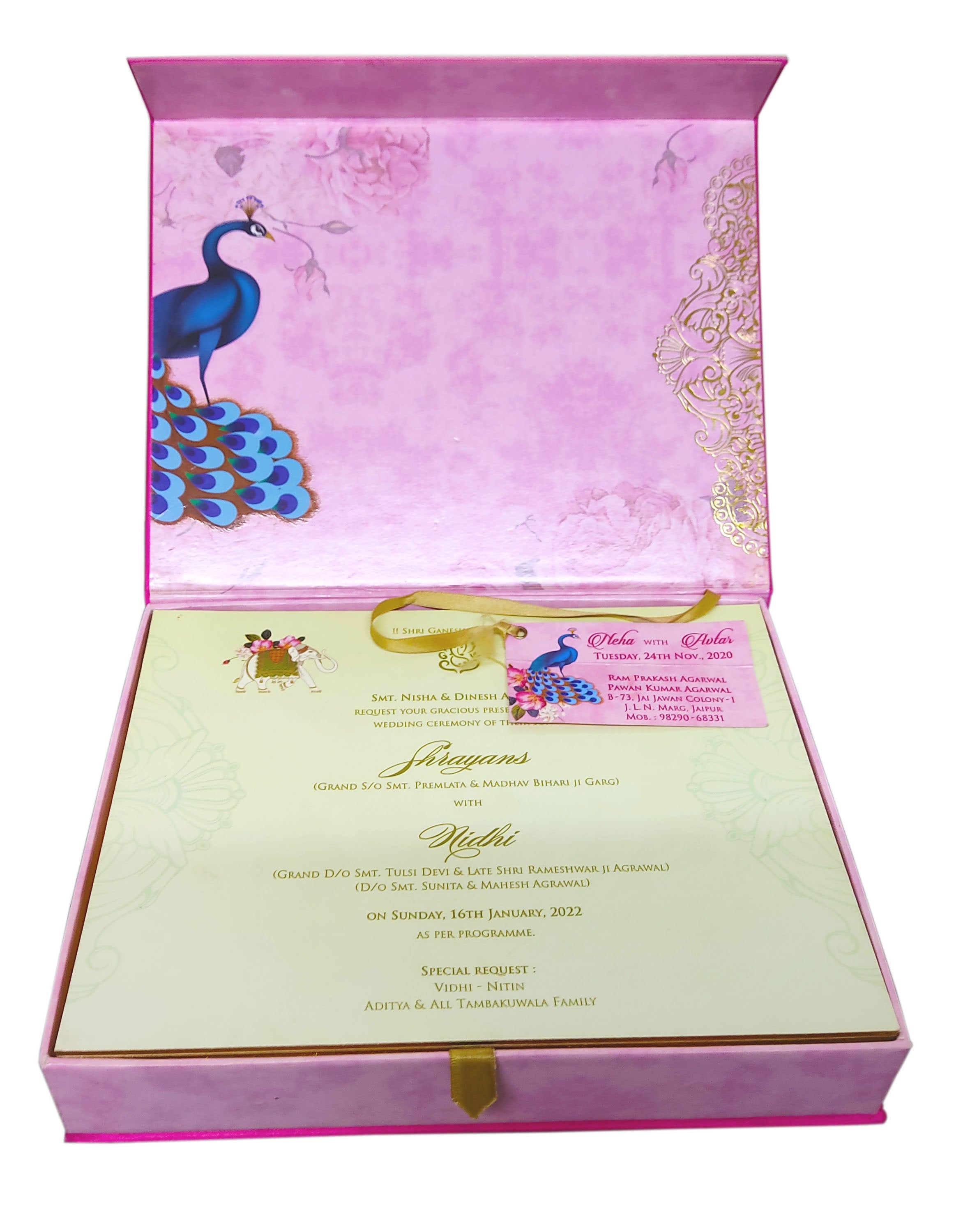 Pink Floral Ultra Premium Peacock Wedding Invitation Card-KNKUP043-King of Cards