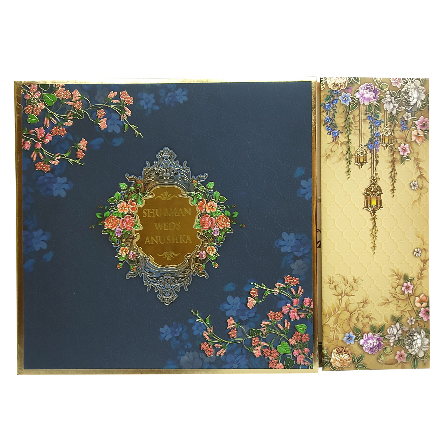 Aegean Blue Cream Floral Door Padded Invitation Card-Krb08570