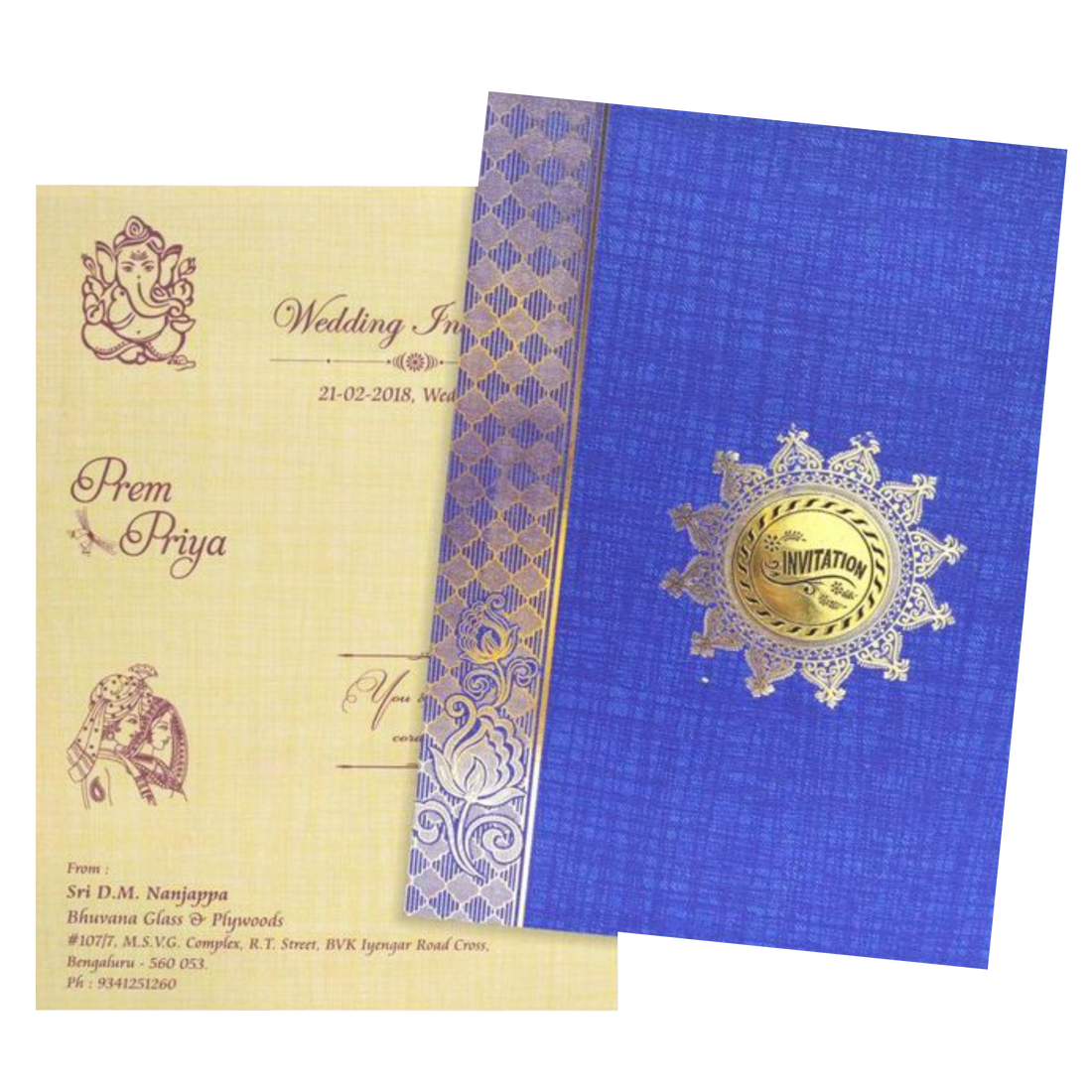 Blue Floral Border Gold Foil Invitation Card-Kncm803b