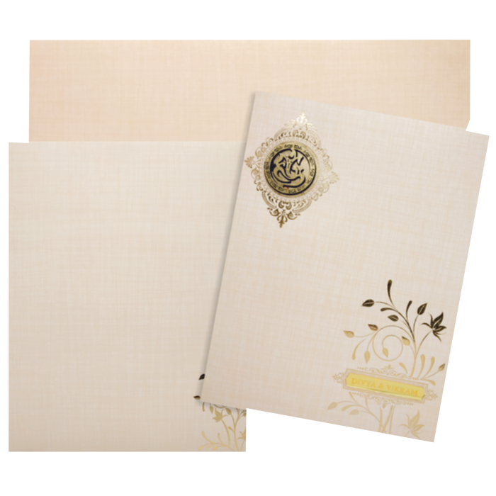 Our invitation cards are more than just paper, they are a symbol of your amour and commitment. Our jumbo metallic card features a gold foiling design at the top left corner of the main card.