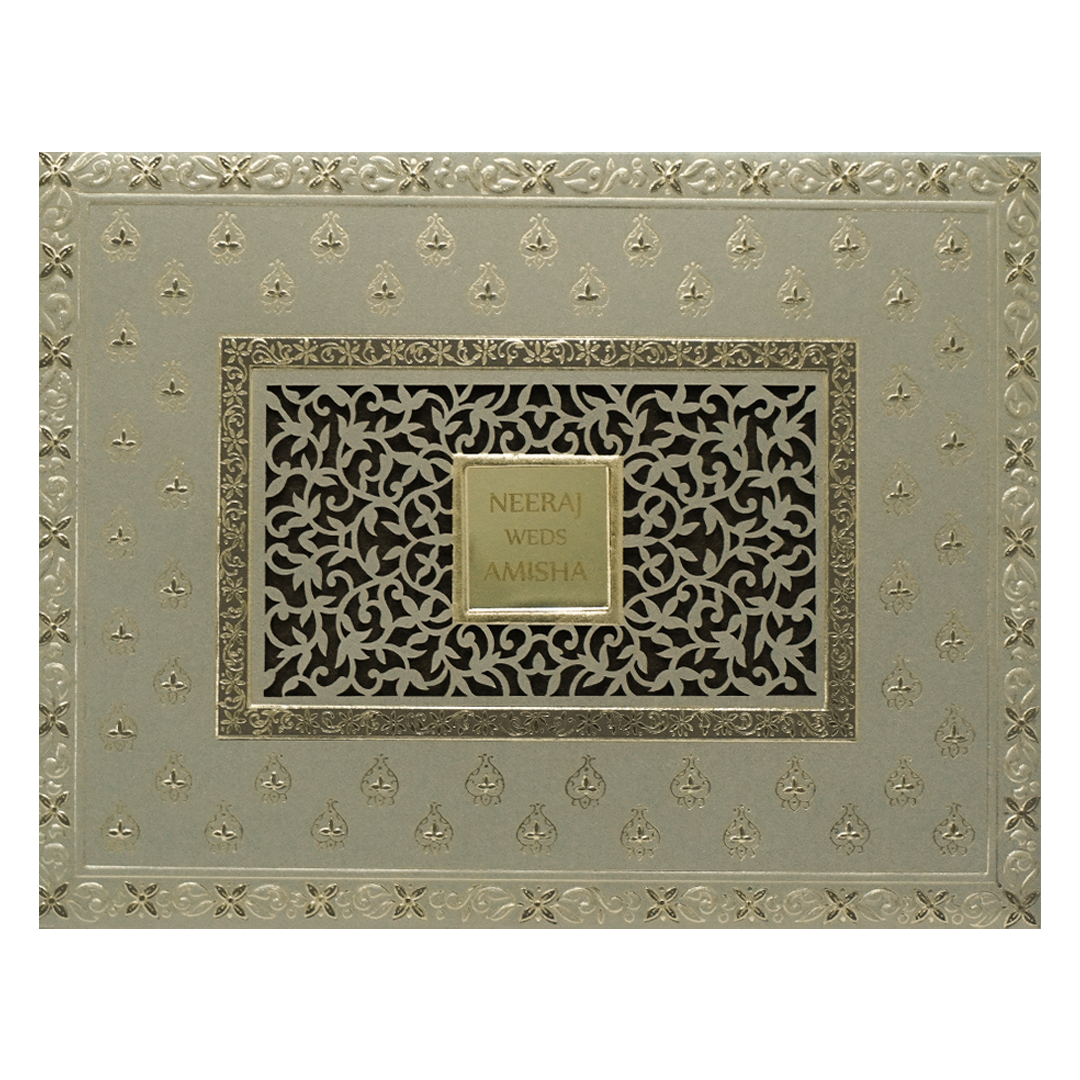 Grey Gold Jaali Padded Wedding Card-KSSC1510