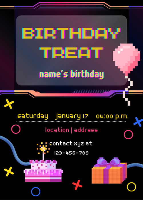 Black Pixel Theme Birthday Treat Invitation-King of Cards
