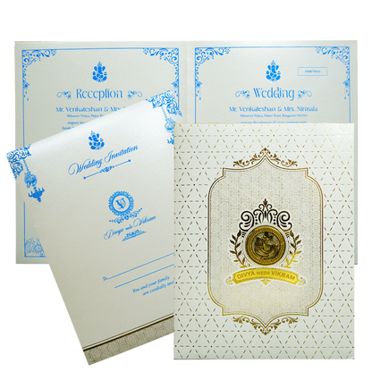 Metallic White Ganesha Wedding Card-KNWT5032