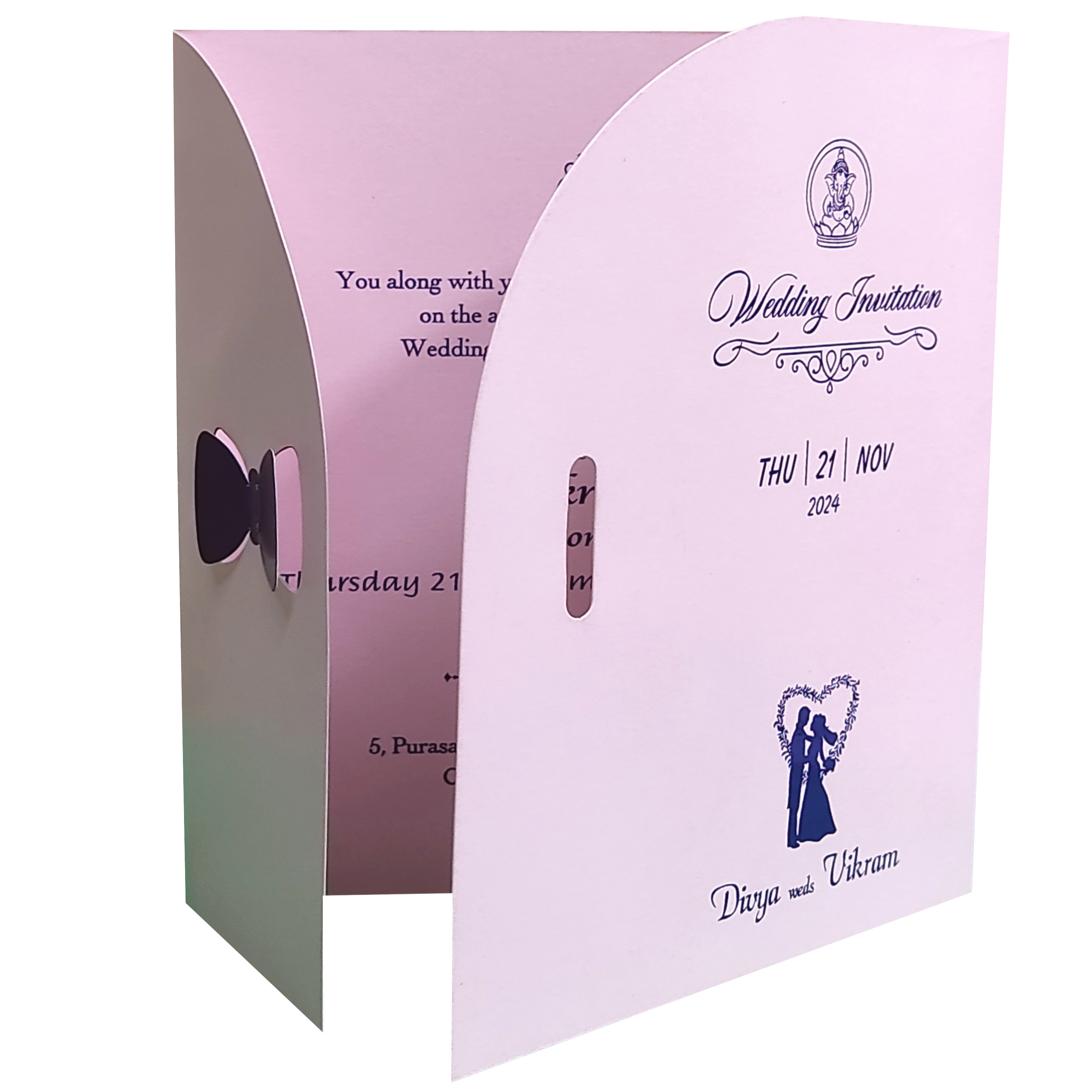 Light Pink Bow Twofold Wedding Card-KNTH9602P