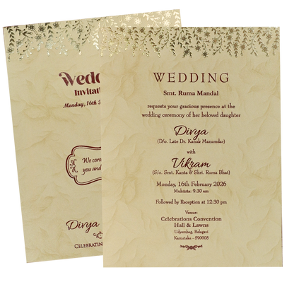 Check out Cream Gold Single Sheet Wedding Card at best price. ?WhatsApp Support ?Express Delivery. | King of Cards