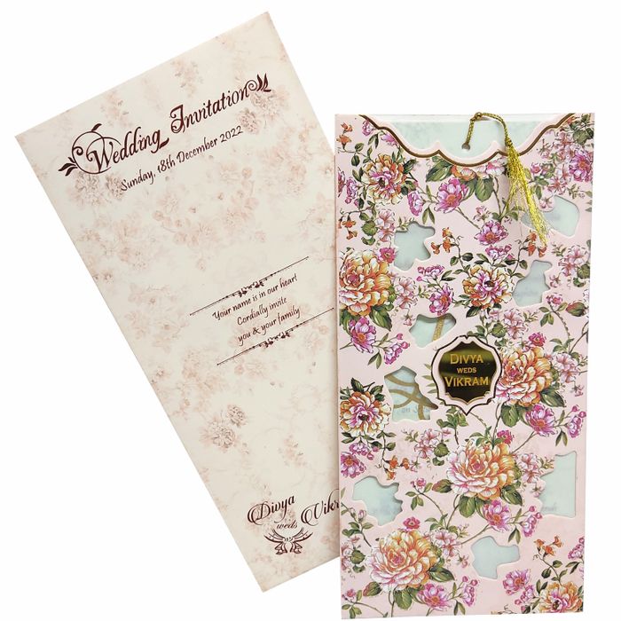 Pink Floral Laser Cut Panache Offset wedding Card-KNP7008P-King of Cards